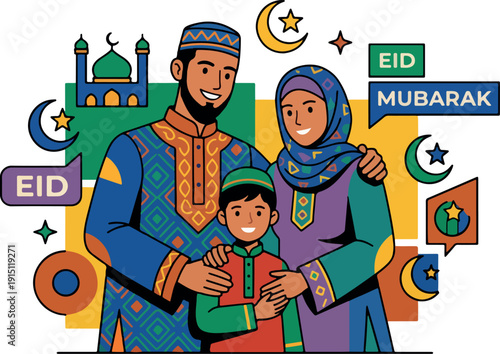 Happy Muslim family celebrating Eid al-Fitr with hugs and joy, vector illustration