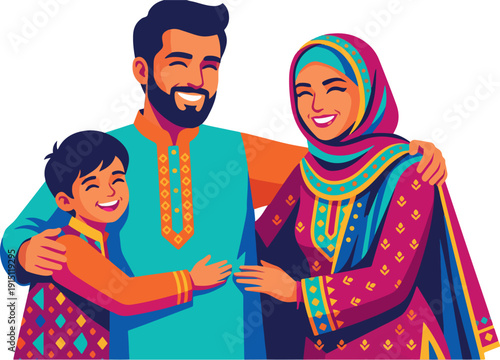 Happy Muslim family celebrating Eid al-Fitr with hugs and joy, vector illustration