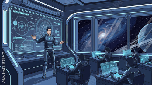 Futuristic Space Explorer in Spaceship Cockpit Navigating Through the Cosmos.