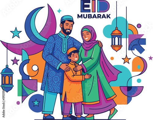 Happy Muslim family celebrating Eid al-Fitr with hugs and joy, vector illustration