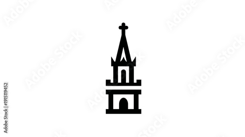 Minimalist black and white image, of a church tower, with a cross on top, and a simple design
