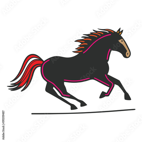 Black horse vector illustration featuring a wild stallion silhouette running with speed, depicting a powerful mustang or equestrian mammal in a graceful gallop through nature