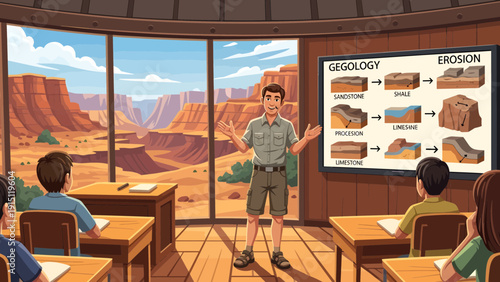 Geology Lesson Teacher Explaining Erosion to Students in Classroom.