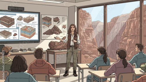 Geology Lesson Teacher Explaining Rock Formations to Students.