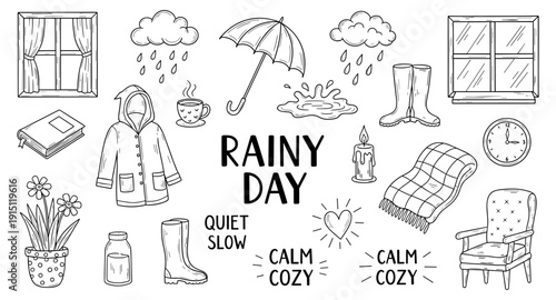 Cozy rainy day doodles with umbrella, boots, and warm blanket for comfort