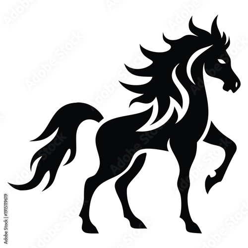 A black horse vector illustration featuring a wild mustang stallion silhouette and a running pony design with a flowing mane and tail for equine art
