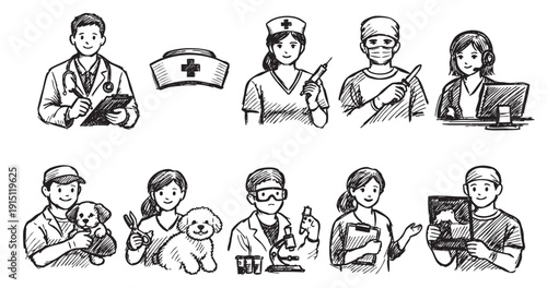 Hand drawn illustration featuring various healthcare professionals and occupations, including a doctor, veterinarian, nurse, and call center employee.