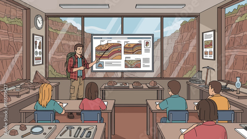 Geology Lesson Teacher Explains Rock Layers to Students.