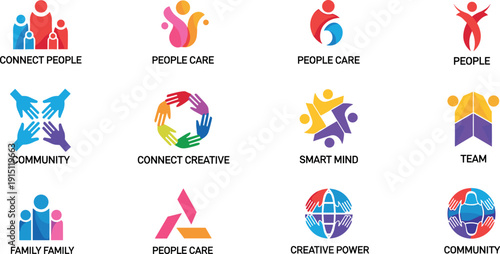 People and Community Logo Set with Teamwork Care Connect Creative Power and Smart Mind Icons Vector Collection