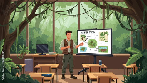 Illustration of a Teacher Giving a Lecture on Rainforest Ecosystems.