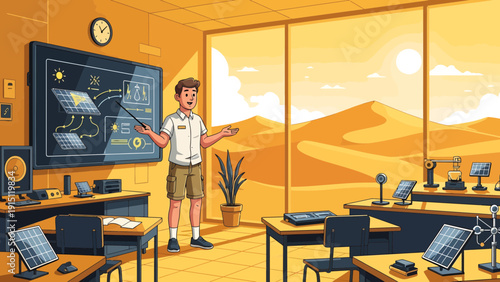 Instructor Explaining Solar Panel Technology in a Desert Classroom.