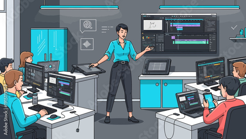 Instructor Leading a Digital Design Class with Students at Computer Workstations.