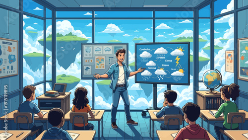Interactive Weather Lesson Teacher Explains Clouds to Students in Modern Classroom.