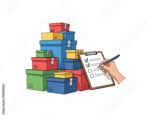 Stack of colorful shipping boxes with clipboard checklist and hand writing, inventory audit, warehouse stocktaking, order fulfillment packing, logistics management, flat vector illustration