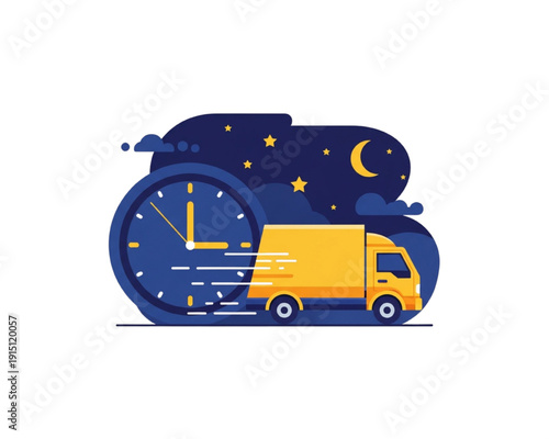 Night delivery truck with clock, express shipping deadline concept, fast logistics transport, on-time courier service, overnight freight, time management, flat vector illustration