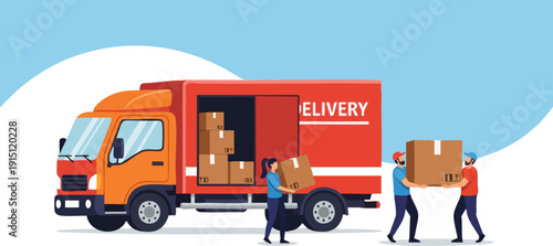Vector illustration of a red delivery truck with an orange cab and workers loading brown cardboard boxes against a light blue background.