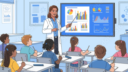 Teacher Explaining Data to Students in Classroom with Interactive Display.