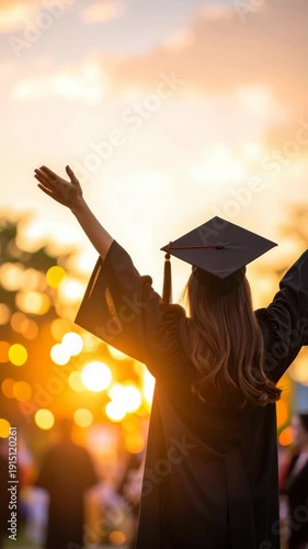 Young woman in graduation cap and gown with arms raised in celebration at sunset