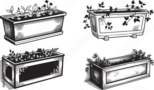 Garden Window Box Planter Set with Wooden Floral Decorative Vintage Engraved Illustration