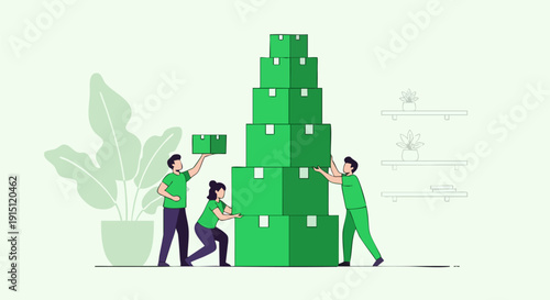 Vector illustration of a team of three people stacking numerous green boxes into a tall pyramid, with a potted plant and shelves in the background.