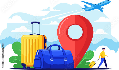 Vector illustration of a yellow suitcase, blue duffel bag, and red location pin with a small airplane flying over mountains, ideal for travel and tourism concepts.