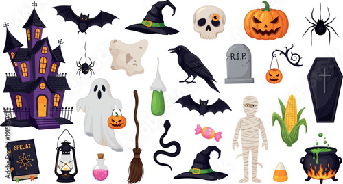 Halloween Cartoon Elements Set with Haunted House Ghost Pumpkin Witch Hat Bat and Spooky Symbols Vector Illustration