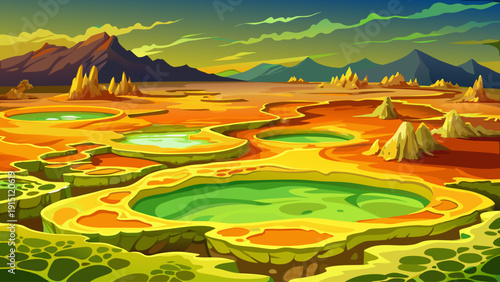 Very beautiful vivid sulfur springs bubble within the Danakil Depression, painting Ethiopia’s desert floor in electric yellows, greens, and oranges.