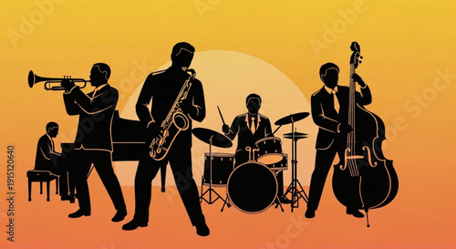 Jazz band silhouettes playing music at sunset with warm orange background