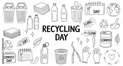 Recycling Day doodle art with various eco-friendly symbols and items for sustainability
