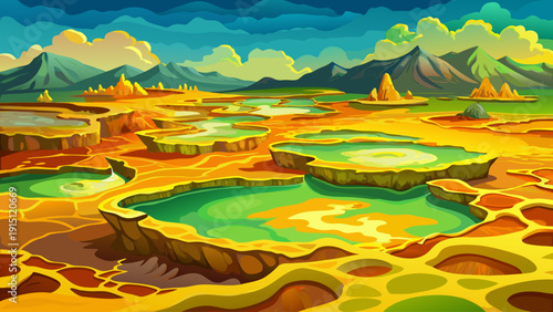 Very beautiful vivid sulfur springs bubble within the Danakil Depression, painting Ethiopia’s desert floor in electric yellows, greens, and oranges.