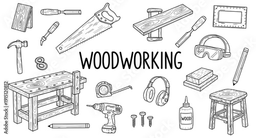 Collection of hand-drawn woodworking tools and materials arranged around the word Woodworking