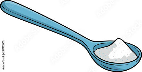 A blue spoon holding a pile of white powdery substance with small blue dots