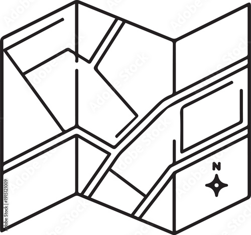 Folded City Navigation Map Icon with Compass Direction Symbol, Route Planning and Location Guide Concept, Minimal Line Travel Map Illustration Isolated on Blue Background for GPS Navigation, 