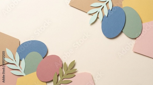 Modern minimalist paper-cut Easter composition with pastel egg shapes and leaves on a beige textured background. Professional aesthetic for 2026 seasonal branding and stock photography.
