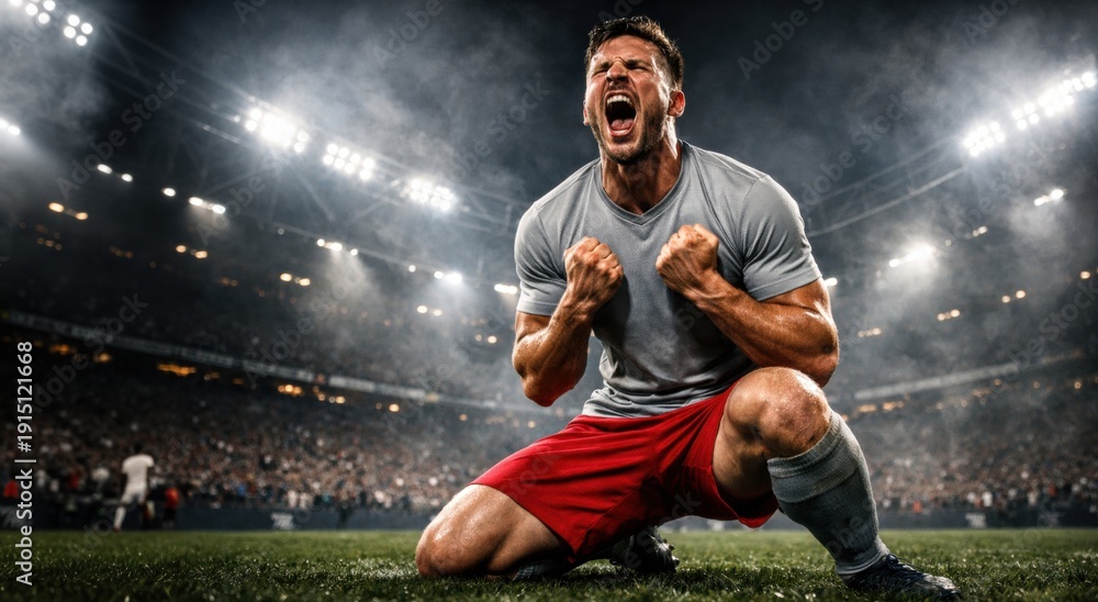 Naklejka premium Soccer player kneeling on stadium field screaming in powerful victory moment. Concept of championship celebration, sports advertising campaign, betting promotion, and team success branding.