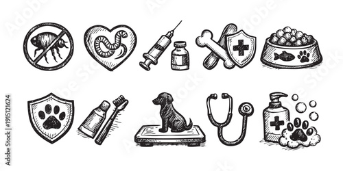 A set of hand-drawn style icons representing veterinary care, pet health, medicine, hygiene, and wellness, ideal for veterinary clinic, pet store, or pet care websites.