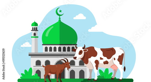 Illustration of a mosque with livestock standing in front, surrounded by greenery under a cloudy sky