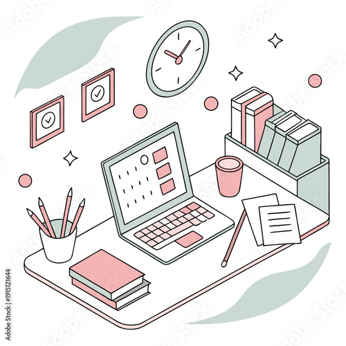 A cluttered desk with a laptop and office supplies