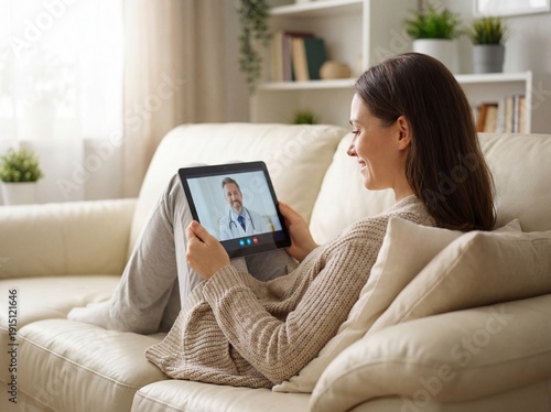 Young woman sitting on a cozy sofa having a telemedicine consultation with a doctor on a tablet. Aesthetic bright home interior for 2026 healthcare branding and stock photography.
