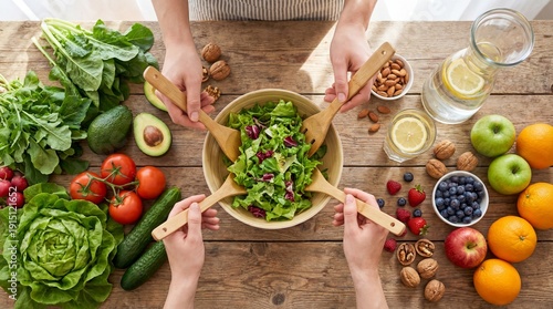 Top-down view of hands tossing a fresh green salad in a wooden bowl on a rustic table, surrounded by healthy ingredients like avocado, tomatoes, fruits, nuts, and lemon water.