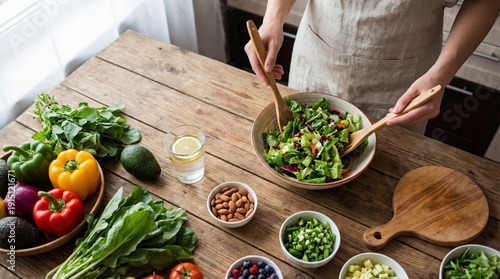 A person preparing a fresh green salad on a rustic wooden table with colorful vegetables and healthy ingredients. Aesthetic wellness and nutrition concept for 2026 branding and stock photography.