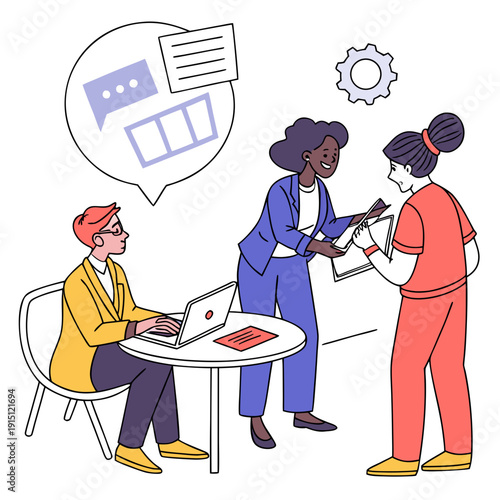 People discussing a project with a laptop and paperwork