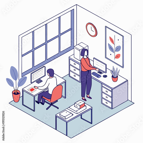 Two coworkers collaborating in a modern office space