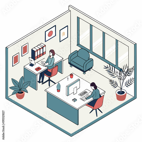 A 3d isometric illustration of a modern office interior with two coworkers