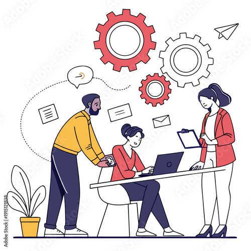 Team collaborating on a project with ideas and gears