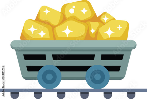 A blue mining cart filled with yellow gemstones on a railway track blue cart wheels