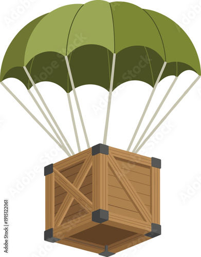 A wooden crate suspended by a green parachute with beige suspension lines air drop delivery