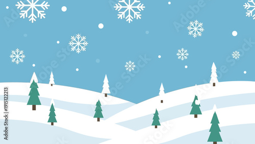 Winter Wonderland Landscape with Snowflakes and Pine Trees.