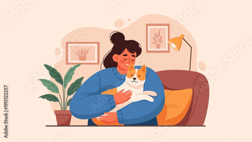 Woman embracing her beloved corgi dog at home.