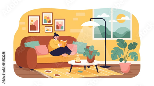 Woman enjoying a book on a comfortable sofa.